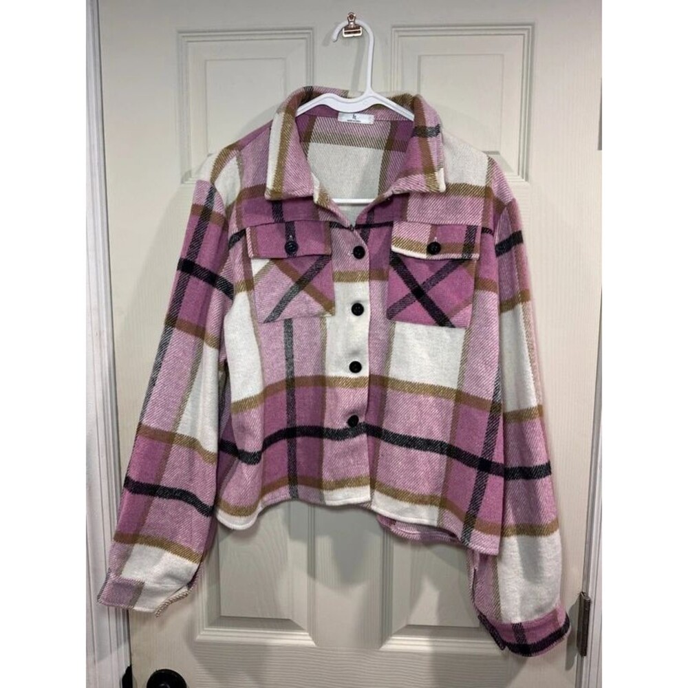 pink, white, and black plaid button-down flannel shirt jacket